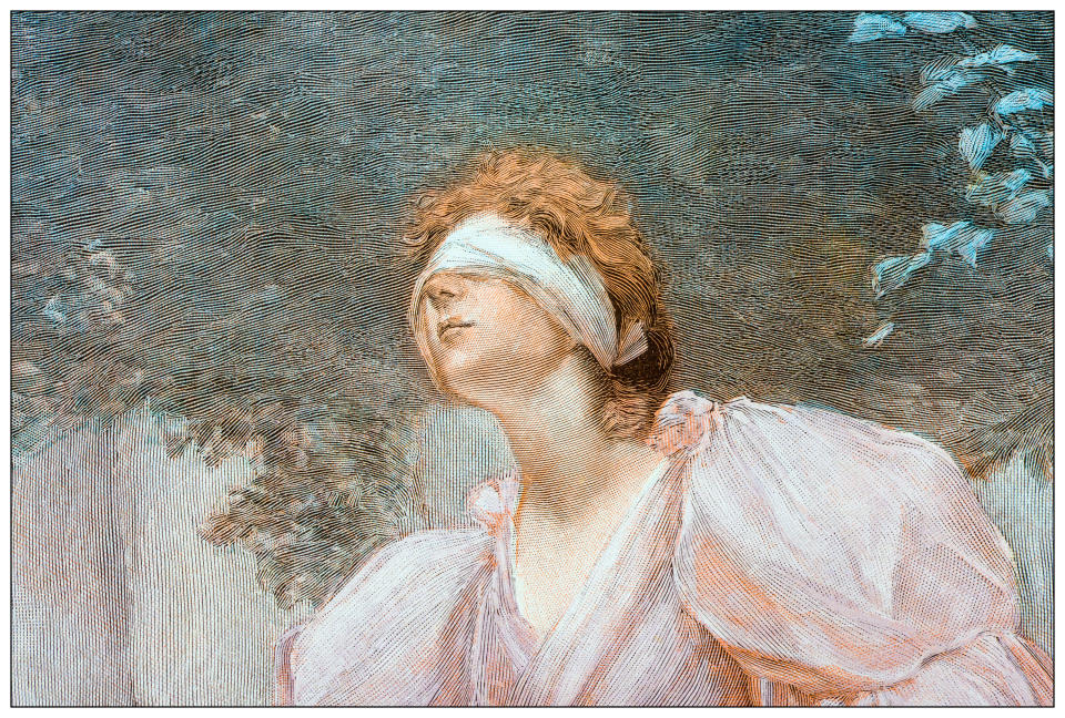 An image of a vintage painting of a woman with a blindfold over her eyes