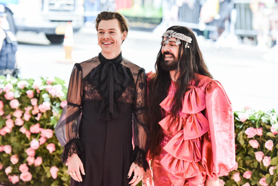 Harry Styles and Alessandro Michele walking on the red carpet at The Metropolitan Museum of Art Costume Institute Benefit celebrating the opening of Camp: Notes on Fashion held at The Metropolitan Museum of Art in New York, NY, on May 6, 2019. (Photo by Anthony Behar/Sipa USA)