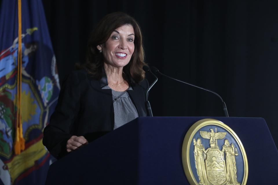 New York Governor Kathy Hochul with local officials and Bill Newlands, President and CEO of Constellation Brands, announced that Constellation Brands was moving their headquarters to the Aqueduct Building at 50 E. Broad Street in downtown Rochester on September 22, 2021. Hochul, originally from Buffalo, said it was great to be back in Western New York.  