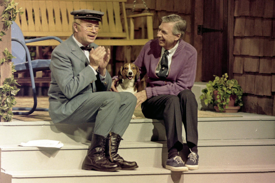 Fred Rogers, right, talks with David Newell, a.k.a. Speedy Delivery's Mr. McFeely, during a rehearsal for a segment of his television program "Mister Rogers' Neighborhood" in Pittsburgh on June 8, 1993. (AP Photo/Gene J. Puskar)