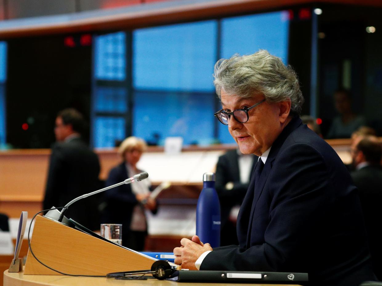 FILE PHOTO: European Internal Markets Commissioner-designate Thierry Breton of France speaks during his hearing before the European Parliament in Brussels, Belgium, November 14, 2019. REUTERS/Francois Lenoir