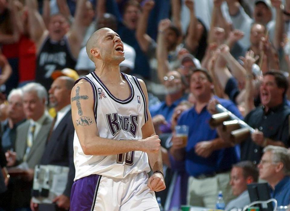 Kings guard Mike Bibby reacts after hitting the game-winning shot against the Los Angeles Lakers in Game 5 of the Western Conference finals May 28, 2002. The Kings took a 3-2 series lead but eventually lost in seven games.