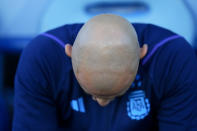 Argentina's coach Javier Mascherano sits on the bench prior to a FIFA U-20 World Cup round of 16 soccer match against Nigeria at the Bicentenario stadium in San Juan, Argentina, Wednesday, May 31, 2023. (AP Photo/Natacha Pisarenko)