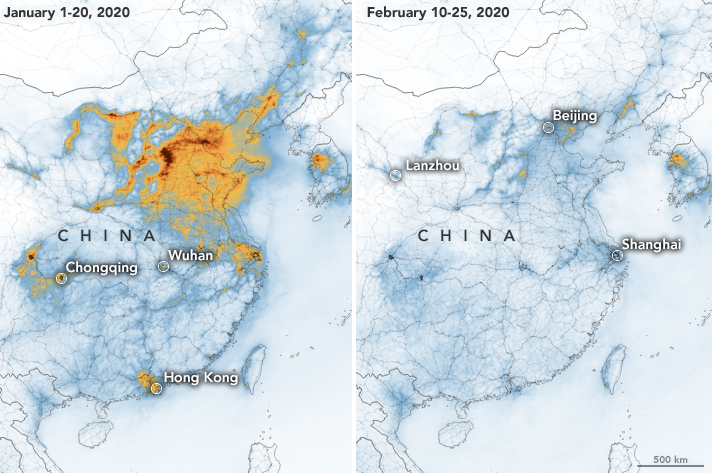 A NASA map shows a dramatic difference in nitrogen dioxide levels over China in January and February.