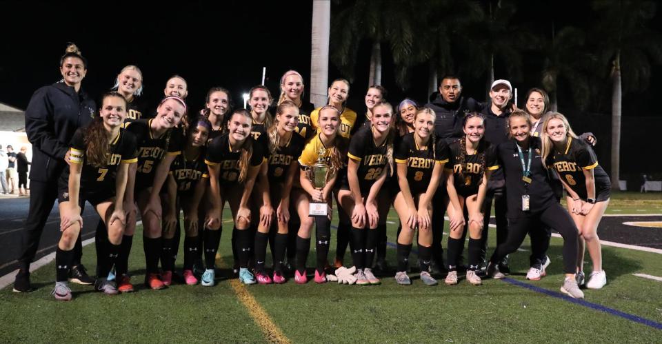 The Bishop Verot girls soccer team defeated Seacrest Country Day School and won the Private 8 championship game with a final score of 6-1 Friday, January 19, 2024.
