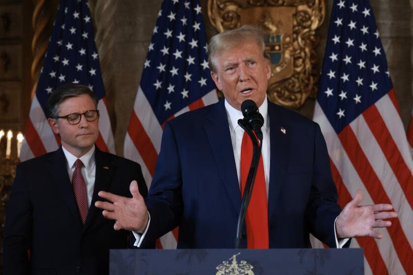 PALM BEACH, FLORIDA - APRIL 12: Republican presidential candidate former President Donald Trump and Speaker of the House Mike Johnson (R-LA) hold a press conference at Mr. Trump's Mar-a-Lago estate on April 12, 2024, in Palm Beach, Florida. They spoke about "election integrity," which has been one of the former president's top issues. (Photo by Joe Raedle/Getty Images)