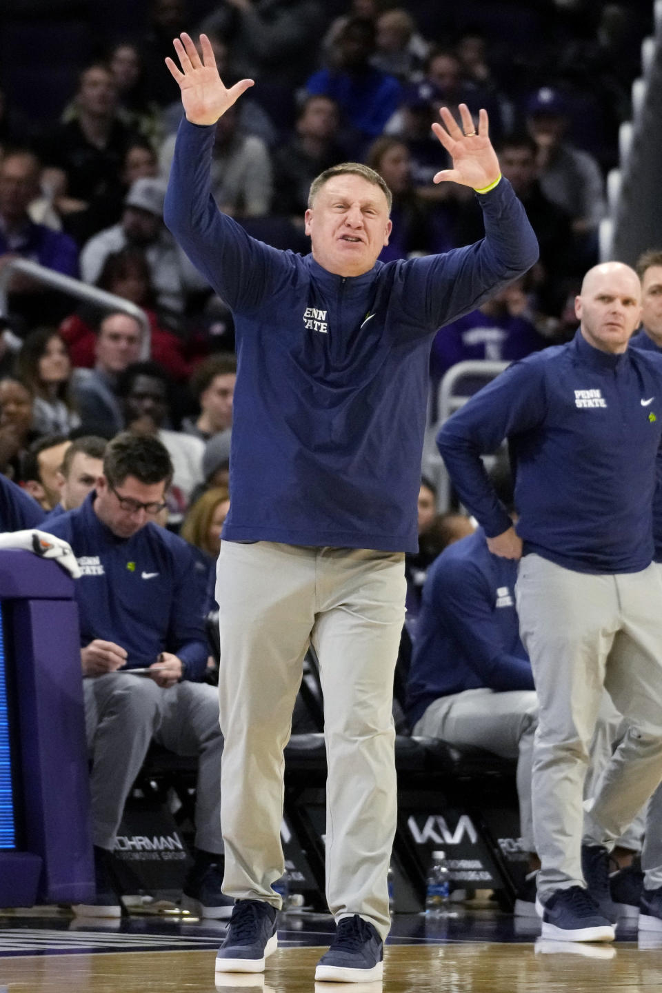 Penn State head coach Mike Rhoades reacts as he watches his team during the second half of an NCAA college basketball game against Northwestern in Evanston, Ill., Sunday, Feb. 11, 2024. (AP Photo/Nam Y. Huh)