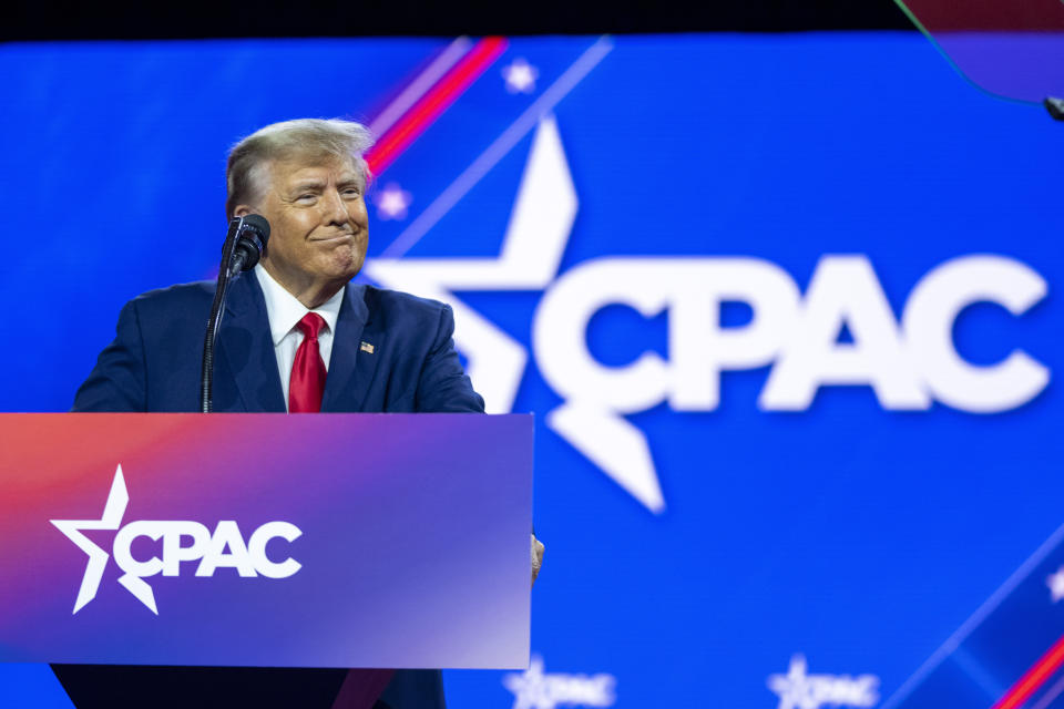 Former President Donald Trump speaks at the Conservative Political Action Conference, CPAC 2023, Saturday, March 4, 2023, at National Harbor in Oxon Hill, Md. (AP Photo/Alex Brandon)