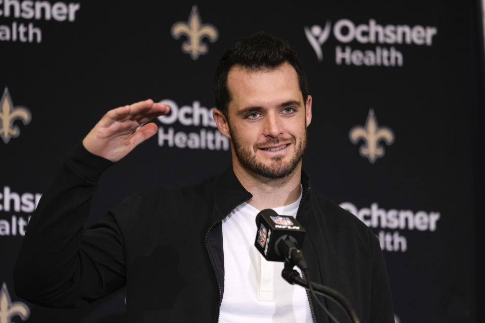 New Orleans Saints quarterback Derek Carr talks after an NFL football game against the Indianapolis Colts, Sunday, Oct. 29, 2023 in Indianapolis. (AP Photo/Michael Conroy)