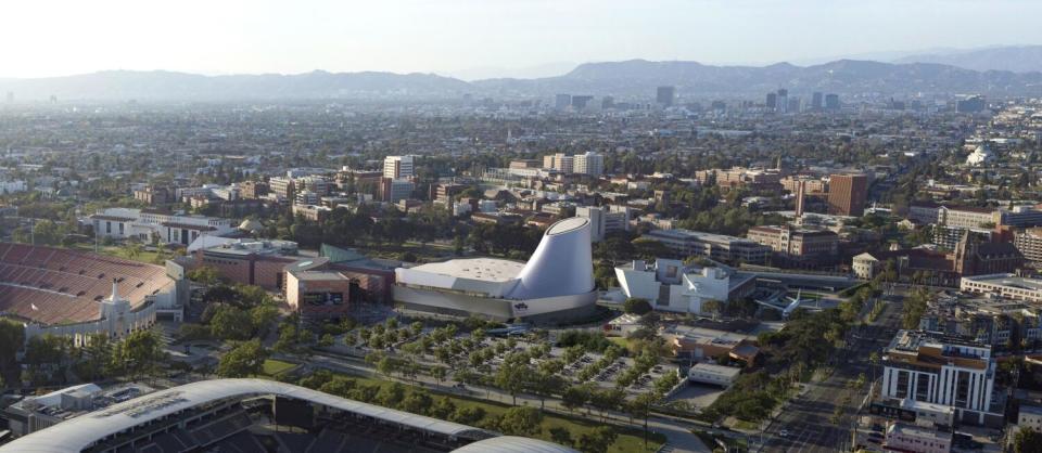 A rendering of a future building in Los Angeles, center.