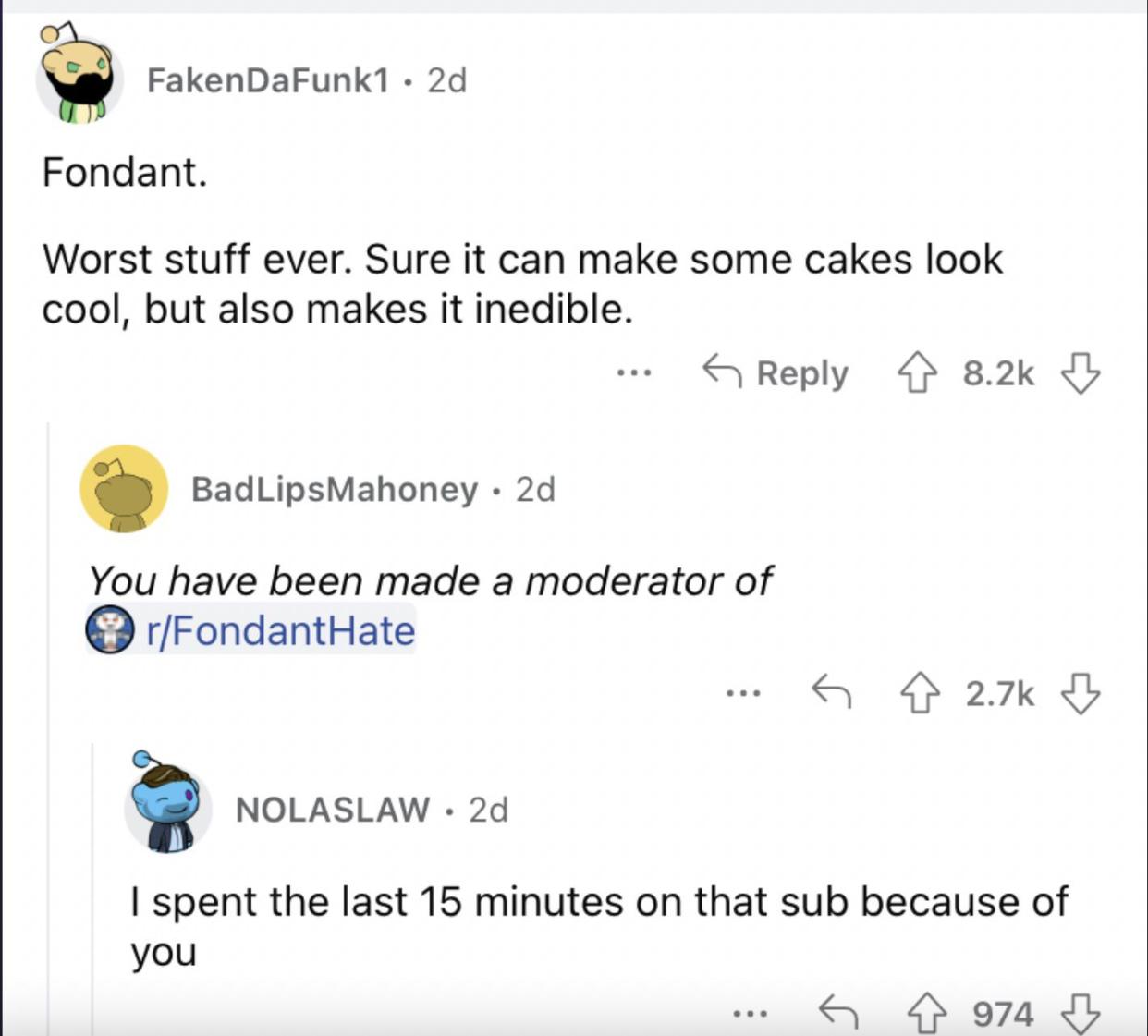 Reddit screenshot from someone who finds Fondant icing to be gross.