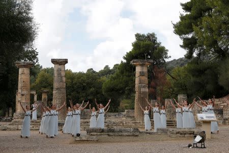 Olympics - Lighting Ceremony of the Olympic Flame Pyeongchang 2018 - Ancient Olympia, Olympia, Greece - October 24, 2017 Actresses during the Olympic flame lighting ceremony for the Pyeongchang 2018 Winter Olympics REUTERS/Alkis Konstantinidis