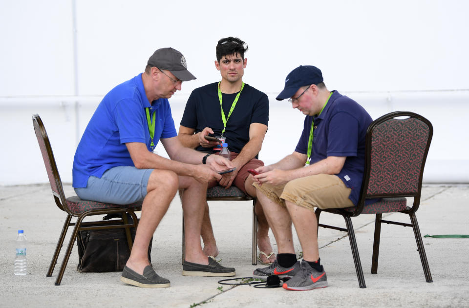 ANTIGUA, ANTIGUA AND BARBUDA - JANUARY 3  Ex England captain Alastair Cook joins Test Match Special commentator Jonathan Agnew and Producer Adam Mountford during a net session at Sir Vivian Richards Stadium on January 30, 2019 in St John's, Antigua and Barbuda. (Photo by Shaun Botterill/Getty Images)