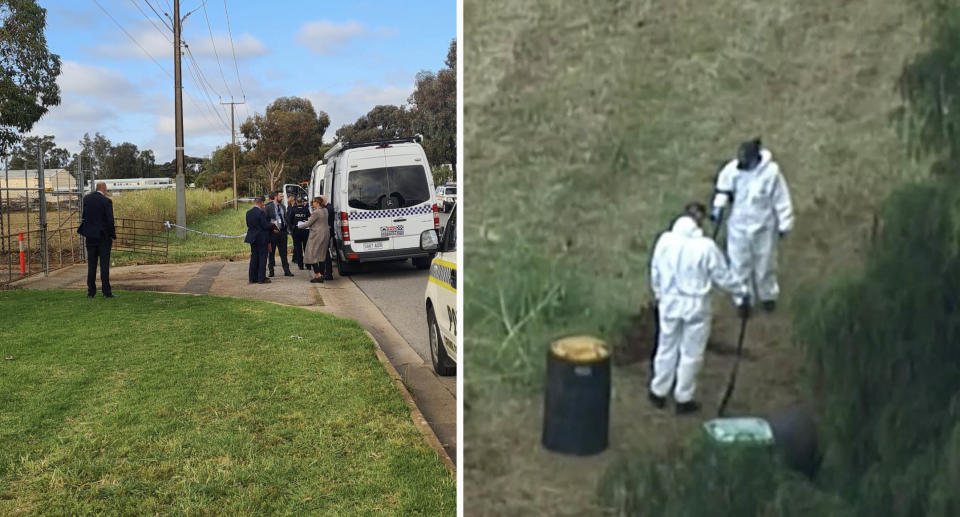 Police at the side of the road in Salisbury South (left) and forensics looking through shrubs on the property (right).