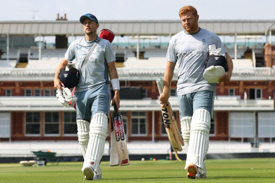 Joe Root and Jonny Bairstow arrive for practice at Lord’s (AFP/Getty)