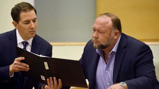 PHOTO: Plaintiff's attorney Chris Mattei, left, questions Conspiracy theorist Alex Jonesduring testimony at the Alex Jones Sandy Hook defamation damages trial at Connecticut Superior Court in Waterbury, Conn., Sept. 22, 2022. (Tyler Sizemore/AP)