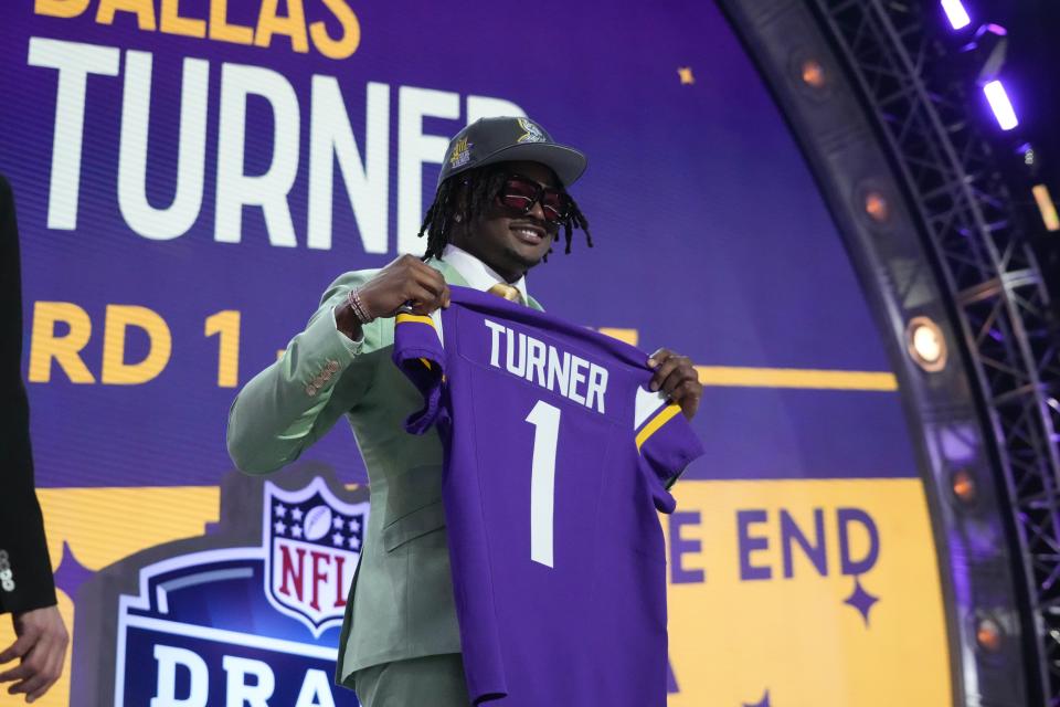 Alabama linebacker Dallas Turner poses after being selected by the Minnesota Vikings as the No. 17 pick in the first round of the 2024 NFL Draft.