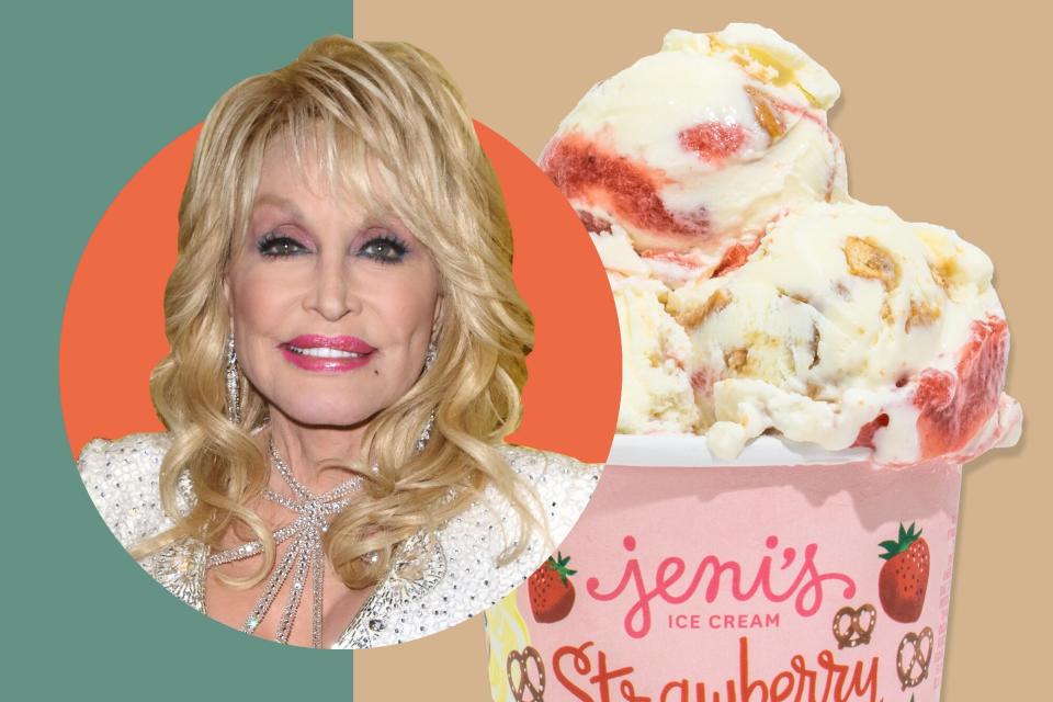 Dolly Parton; the limited-edition flavor, Strawberry Pretzel Pie, from Jeni's Splendid Ice Creams