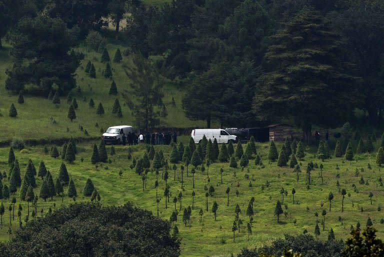 Mexican police and forensic personnel work on August 22, 2013 at a park in the municipality of Tlalmanalco, some 30 km southeast of Mexico City where at least 7 bodies were discovered in a mass grave. Authorities searched the grave as anxious relatives braced to learn whether the remains were those of 12 young people kidnapped in May