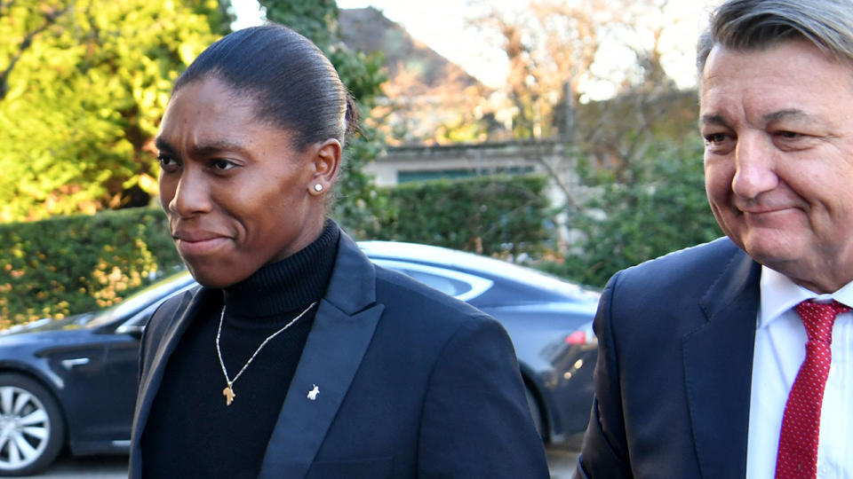 Caster Semenya and her lawyer Gregory Nott arrive for a landmark hearing at the Court of Arbitration for Sport. (Photo by HAROLD CUNNINGHAM/AFP/Getty Images)