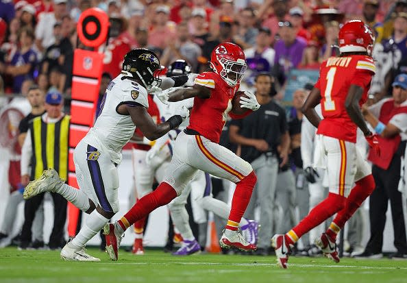 Ravens linebacker Roquan Smith pursues  receiver Rashee Rice during the Chiefs 27-20 season-opening victory over Baltimore. Rice and running back Isaiah Pacheco combined for 257 of the Chiefs’ 373 yards of total offense in the Bengals’ Week 17 loss last season.