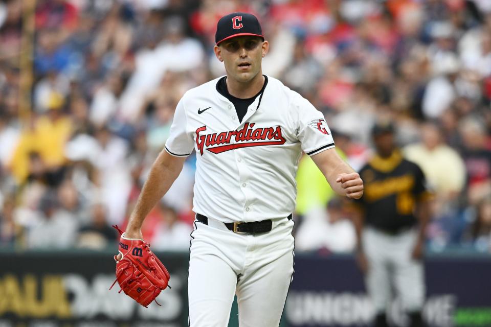 Guardians starting pitcher Matthew Boyd reacts after a fifth-inning strikeout against the Pirates, Aug. 31, 2024, in Cleveland.