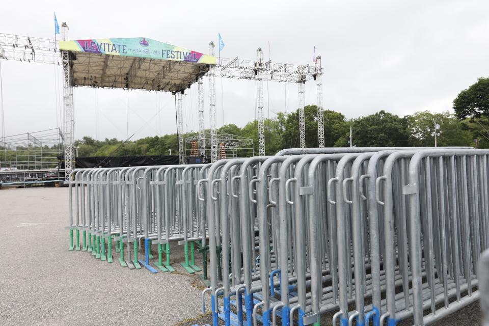 The main stage is set up and barriers are ready for the large crowds at the Levitate Music Festival in Marshfield on Monday, July 3, 2023. The festival starts Friday and runs through Sunday.