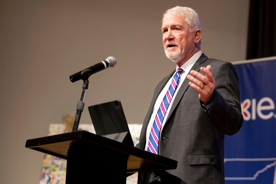 Kyle Spurgeon, president and CEO of the Jackson Chamber, speaks during the Dixie Manufacturing groundbreaking reception in the McWherter Center Auditorium at Jackson State Community College on Friday, December 9, 2022. 