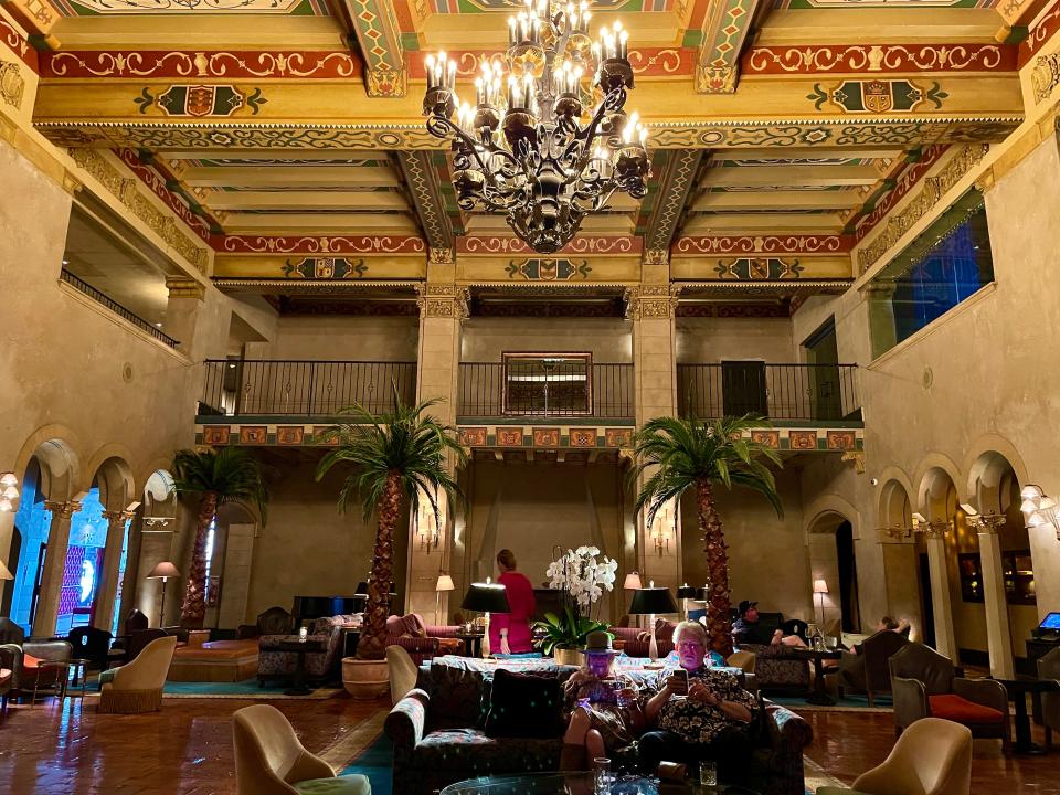 The lobby of the Spanish Colonial Revival Hollywood Roosevelt opened in 1927.