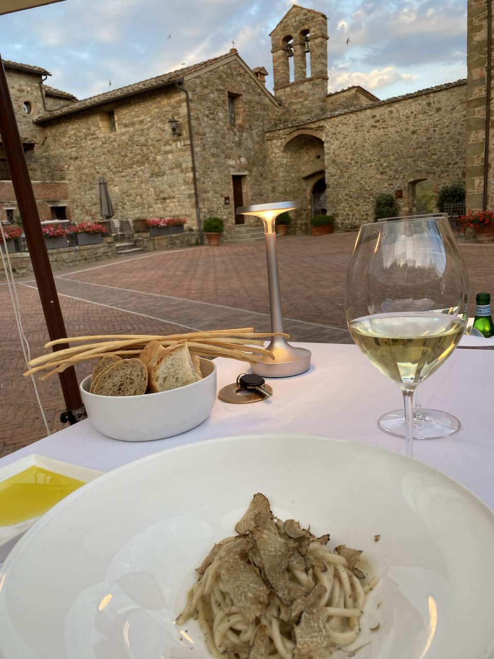 “I ate the cacio e pepe multiple nights in a row at Castel Monastero,” says Brown.