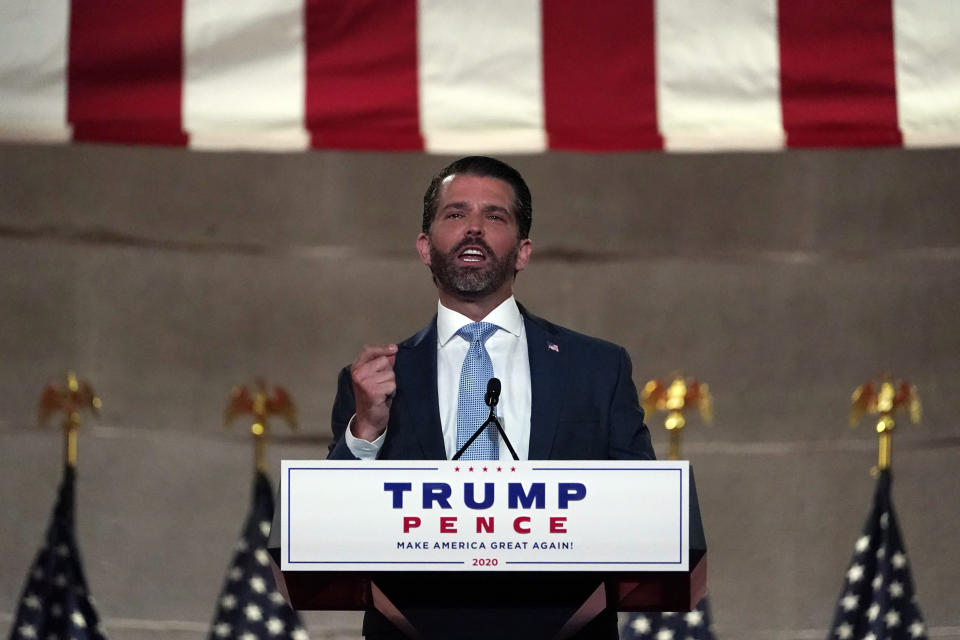 Donald Trump Jr., speaks as he tapes his speech for the first day of the Republican National Convention from the Andrew W. Mellon Auditorium in Washington, Monday, Aug. 24, 2020. (AP Photo/Susan Walsh)