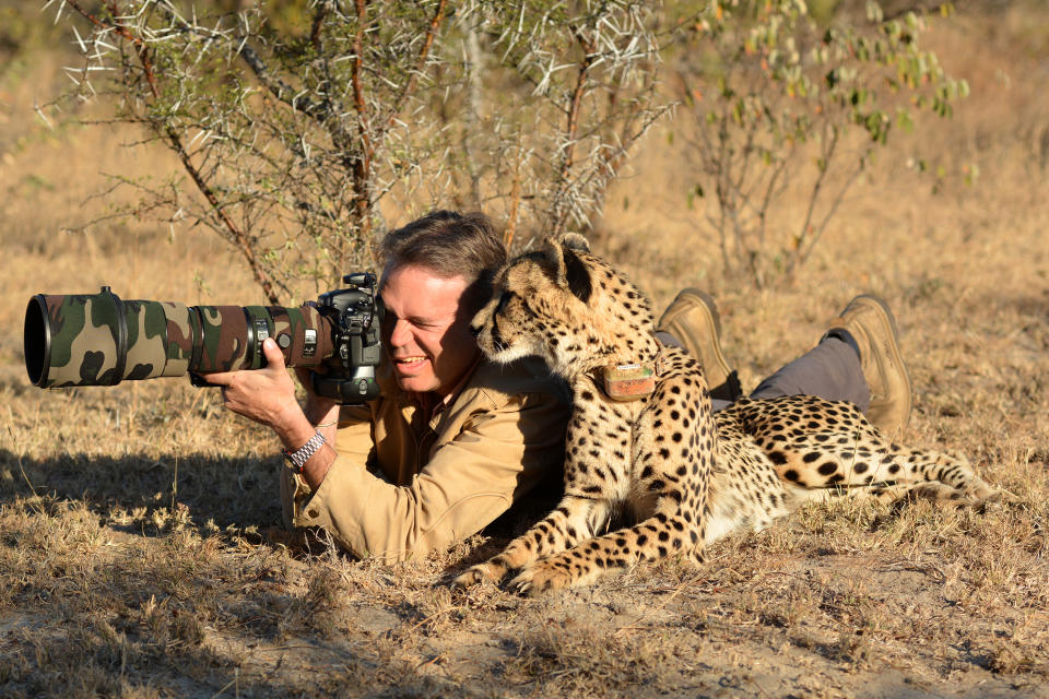 Photographer Chris Du Plessis and Mtombi the Cheetah take photos. (Photo: Chris Du Plessis/Caters News)