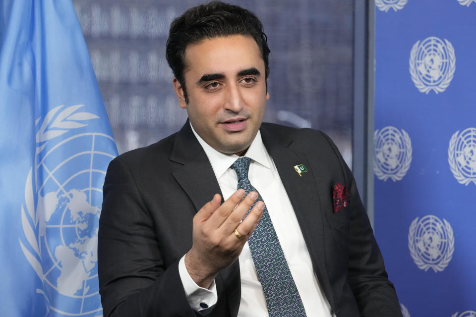 Pakistani Foreign Minister Bilawal Bhutto Zardari speaks during an interview with The Associated Press, Thursday, March 9, 2023 at United Nations headquarters. (AP Photo/Mary Altaffer)