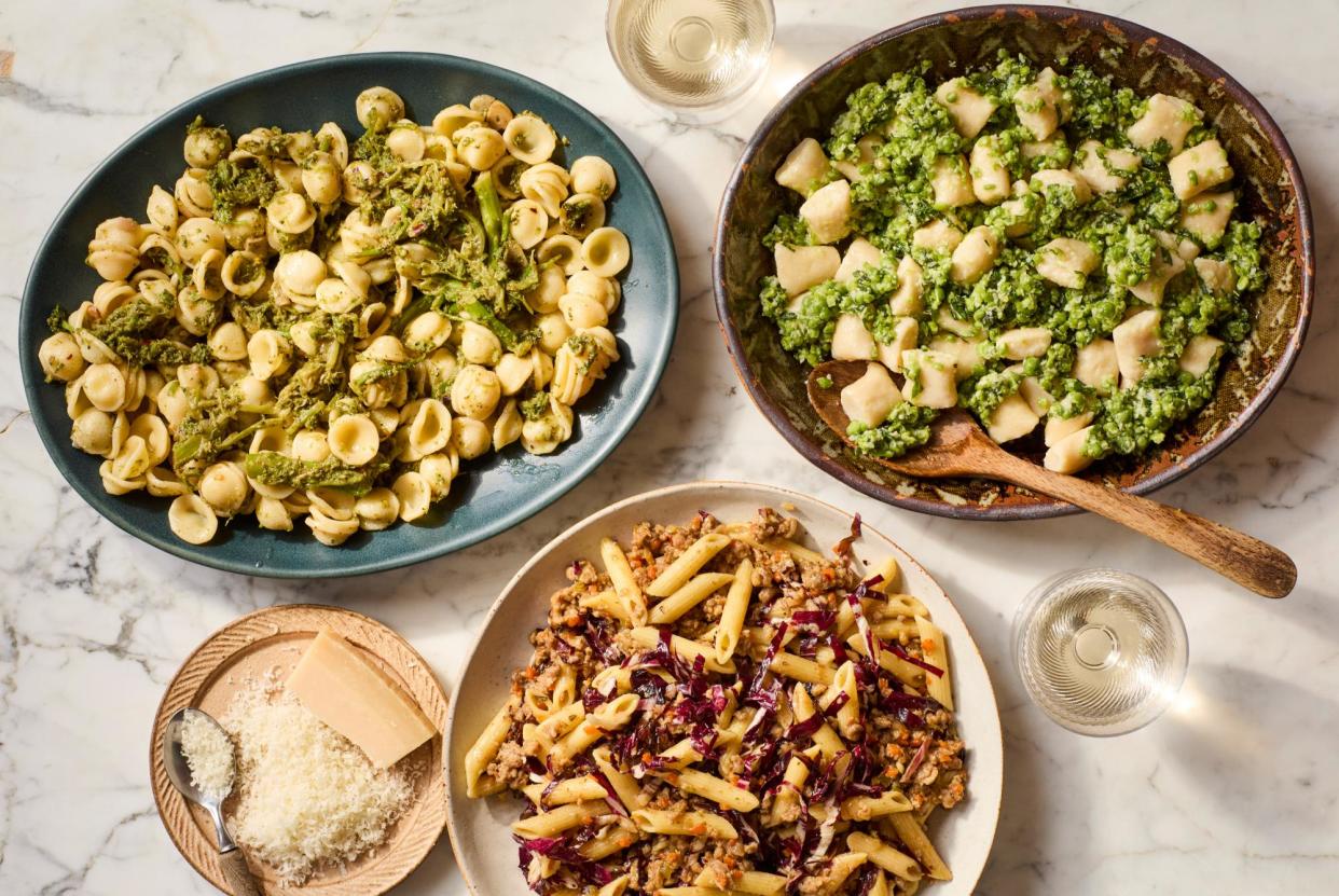 <span>Tim Siadatan’s Springtime Pasta. From L to R: Orecchiette with purple sprouting broccoli and chilli, Penne with fennel sausage and radicchio and Ricotta gnocchi with raw pea pesto.</span><span>Photograph: Ola O Smit/The Guardian. Food styling: Sam Dixon. Prop styling: Anna Wilkins. Food styling assistant: Kristine Jakobssen.</span>