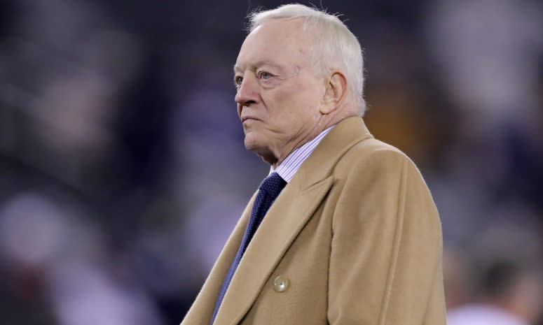 Jerry Jones on the field before the Dallas Cowboys game in 2019.