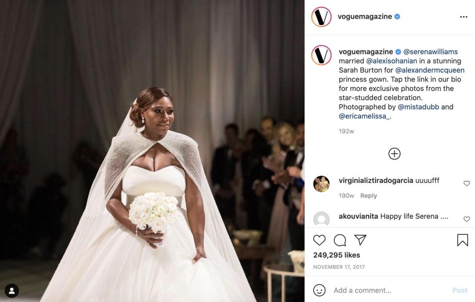 Serena Williams wore an Alexander McQueen dress for her wedding ceremony.