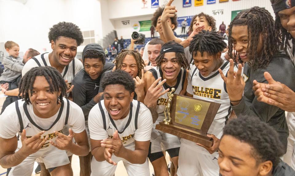 College Achieve celebrate their state championship in their first season of play. College Achieve Asbury Park defeat Newark Tech 85-59 for NJSIAA Group 1 Title inToms River, NJ on March 10, 2024.