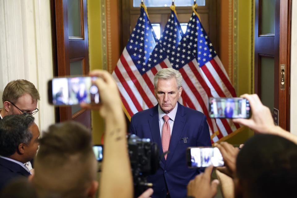 Kevin McCarthy speaking outside the Speakers Balcony at the U.S. Capitol Building in July.