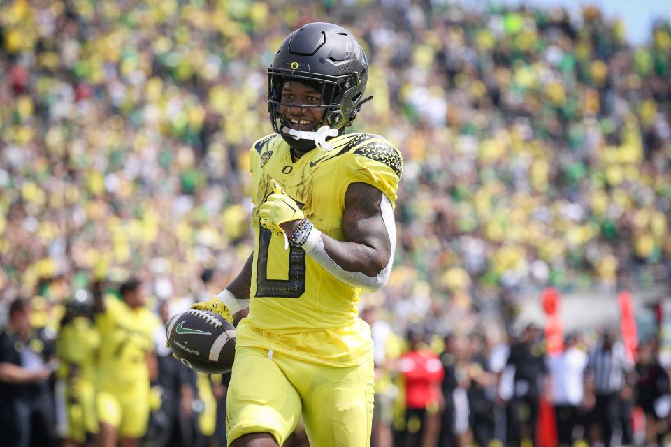Oregon running back Bucky Irving breaks free for a touchdown in the second quarter as the Oregon Ducks host Portland State in the Ducks’ season opener Saturday, Sept. 2, 2023, at Autzen Stadium in Eugene, Ore.