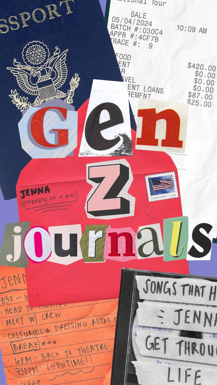 A collage titled "Gen Z Journals" featuring travel documents, receipts, and handwritten notes detailing daily activities like meeting with crew, songs, and theater prep