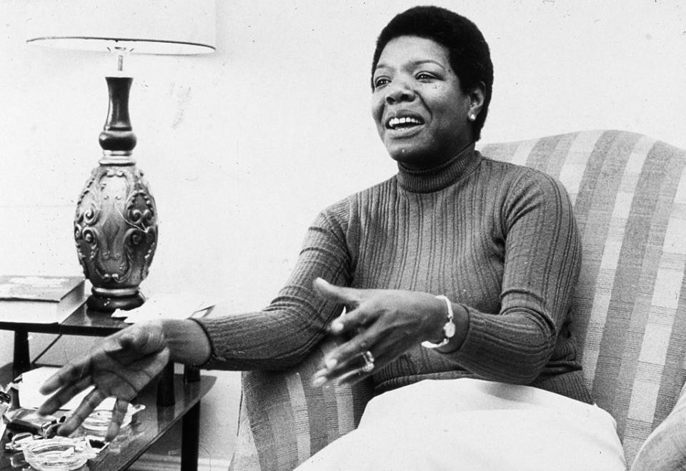 American poet and author Maya Angelou gestures while speaking in a chair during an interview at her home. | Jack Sotomayor—Getty Images