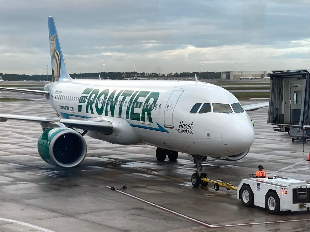 Frontier passengers may carry on one free personal item no larger than 14 inches tall, 18 inches wide and 8 inches long. Anything bigger requires a fee, as does additional baggage.
