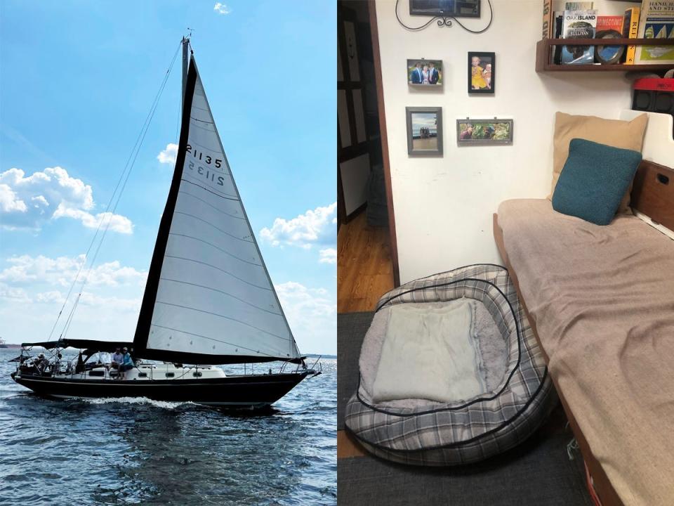 On the left, a photo of the sailboat at sea. On the right, the small onboard living room, with a couch and single dog bed.