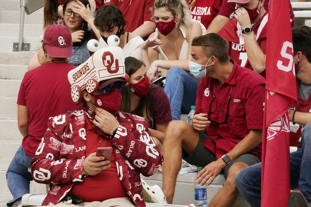 Fans in the student section in Norman, Okla. during the Missouri State vs. Oklahoma NCAA college football game on Sept.12. (Photo: Sue Ogrocki-Pool/Getty Images)