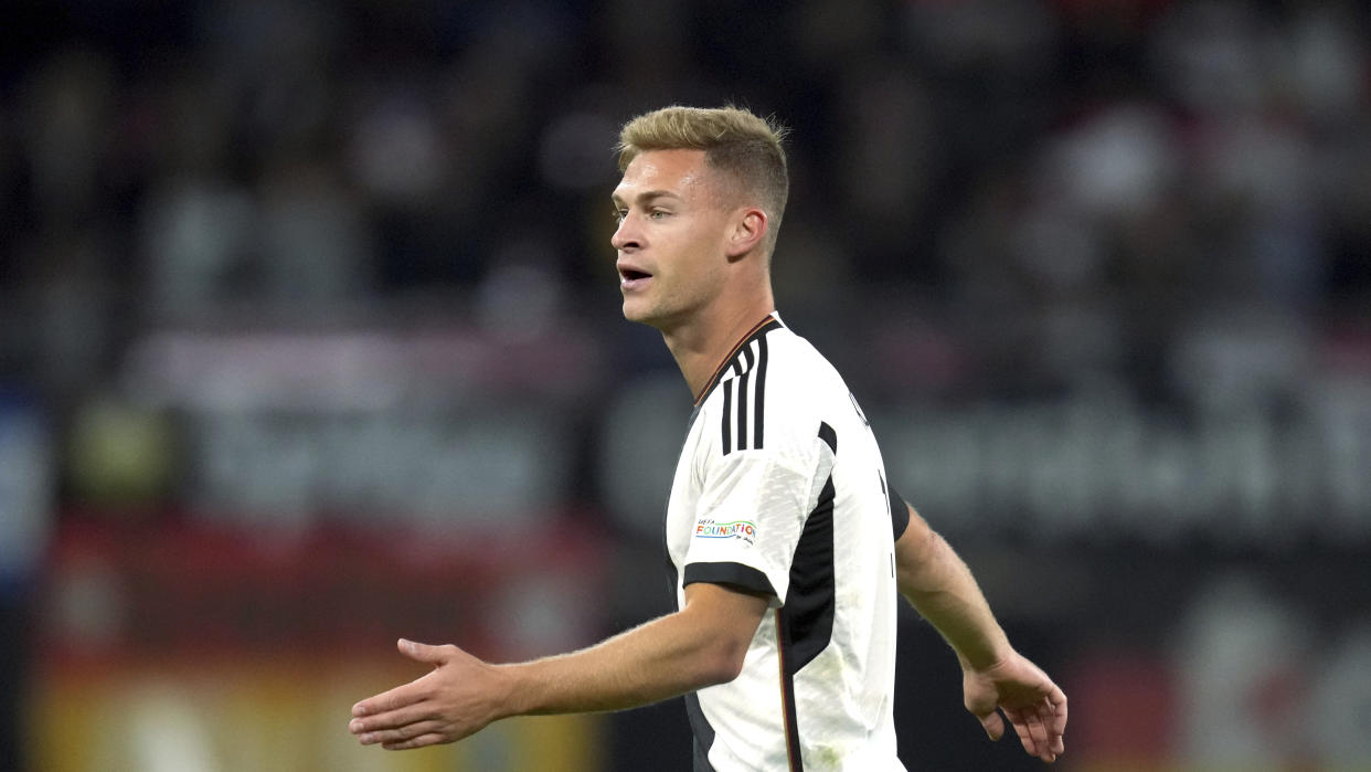 Germany's Joshua Kimmich during the UEFA Nations League soccer match between Germany and Hungary in Leipzig, Germany, Friday, Sept. 23, 2022. (AP Photo/Michael Sohn)