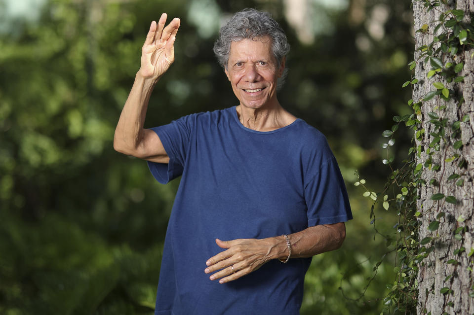 FILE - Jazz pianist and composer Chick Corea poses for a portrait in Clearwater, Fla., on Sept. 4, 2020, to promote his new double album "Plays." Corea, a towering jazz pianist with a staggering 23 Grammy awards who pushed the boundaries of the genre and worked alongside Miles Davis and Herbie Hancock, has died. He was 79. Corea died Tuesday, Feb. 9, 2021, of a rare for of cancer, his team posted on his web site. His death was confirmed by Corea's web and marketing manager, Dan Muse. (Mike Carlson/Invision/AP, File)