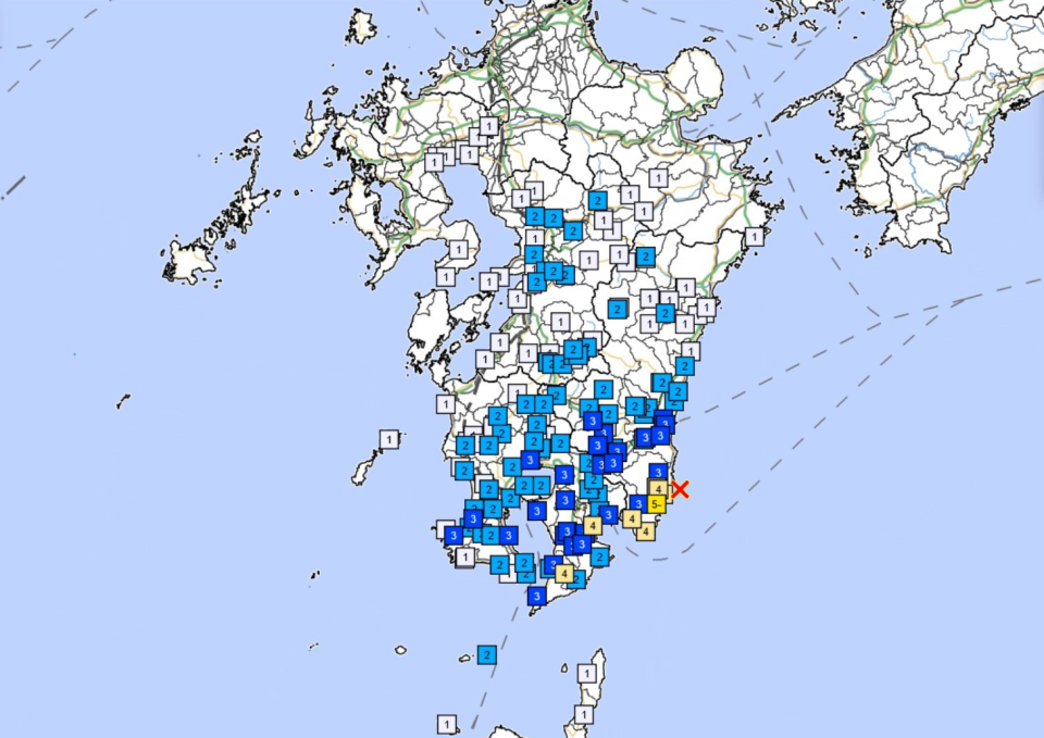 震央位於大隅半島以東近海，震源深度為40公里。(日本氣象廳)