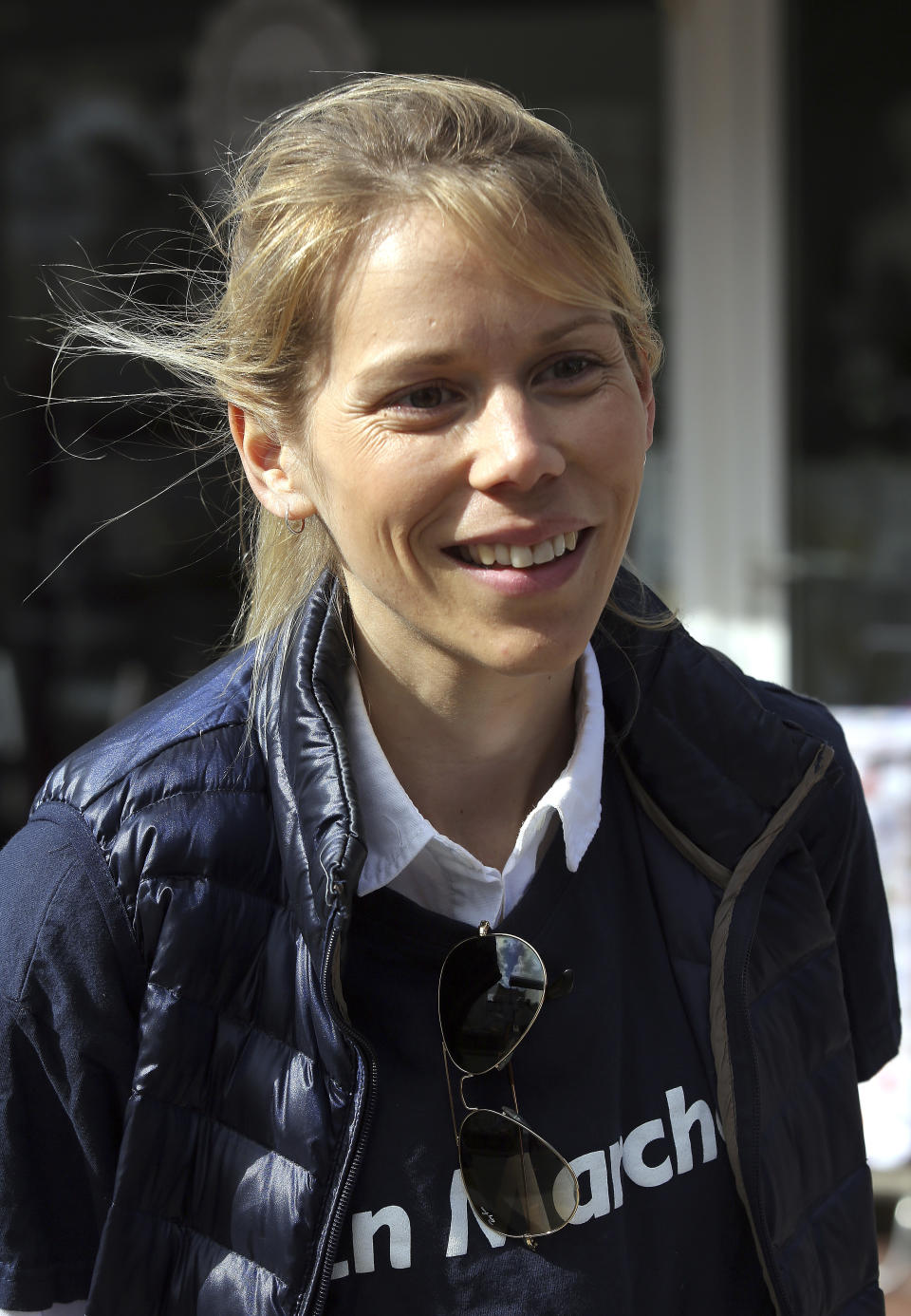 Independent centrist presidential candidate for the French presidential election Emmanuel Macron's stepdaughter Tiphaine Auziere smiles in Le Touquet Paris Plage, northern France, Thursday, April 6, 2017. From his high school romance with a teacher to his recent ambition to become president, Emmanuel Macron was known for his intelligence, understanding and tenacity _ assets that could propel him the country's next leader (AP Photo/Thibault Camus)