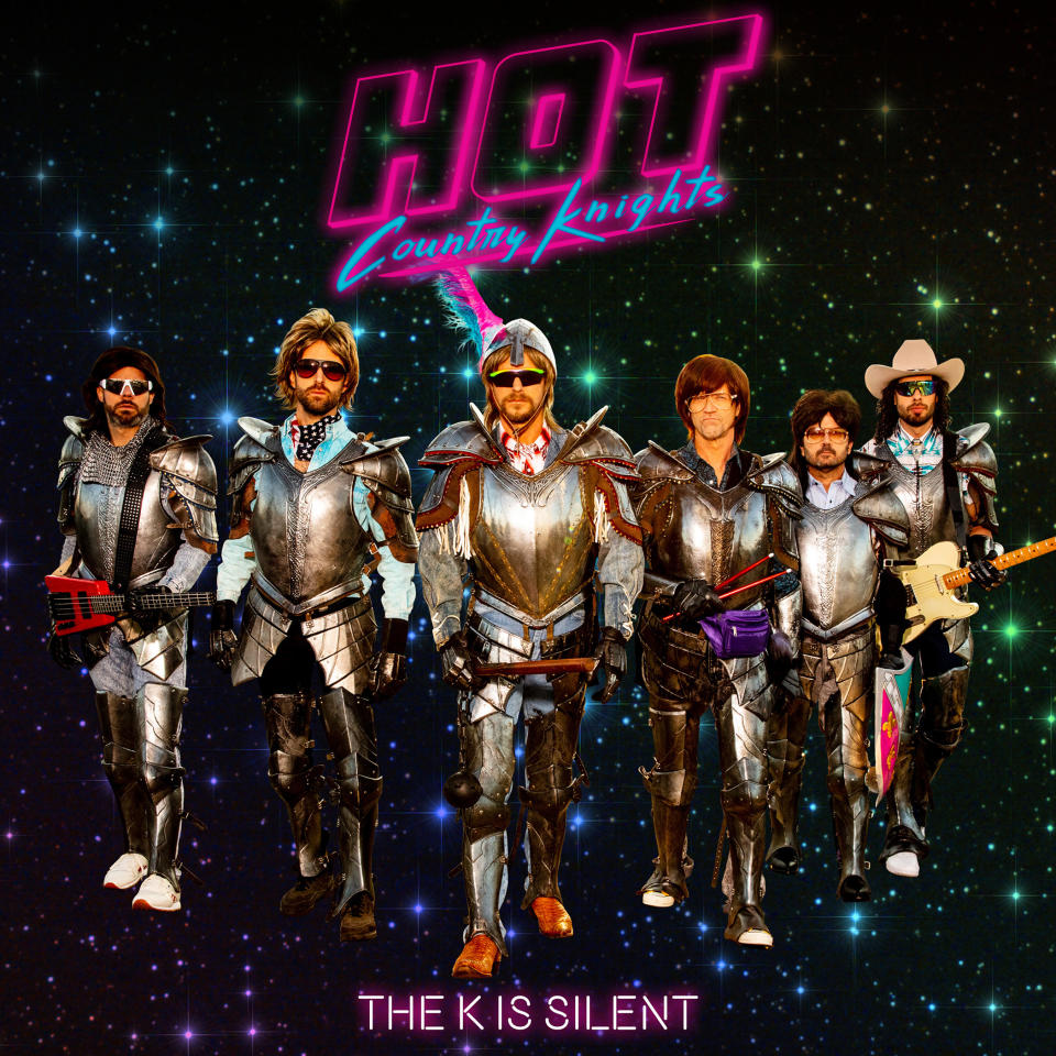 This cover image released by Capitol Records Nashville shows "The K is Silent," by Hot Country Knights. The band is fronted by Douglas (Doug) Douglason, center, the onstage alter ego for real life country star Dierks Bentley. The Hot Country Knights have been a staple of Bentley’s touring show for years, but during a break in recording and touring, Bentley produced a full album of parody songs. (Capitol Records Nashville via AP)