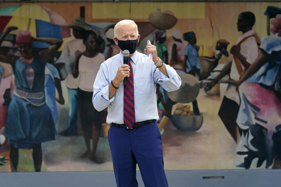 Democratic presidential candidate former Vice President Joe Biden speaks at the Little Haiti Cultural Complex, Monday, Oct. 5, 2020, in Miami. (AP Photo/Andrew Harnik)
